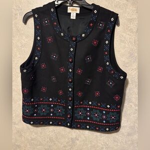 TALBOTS Women Size M Black SLEEVELESS Button FRONT VEST Wool Blend Floral